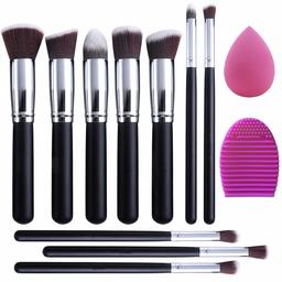 EONO Essential Makeup Brush Set Premium Synthetic Kabuki Foundation Face Powder Blush Eye Shadow Brush Makeup Brush Set with Blender Sponge and Brush Egg (10 + 2 Pieces, Black/Silver)