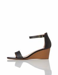 Amazon Brand - find. Women's Leather Wedge Heel Sandal Shoes Black), US 7