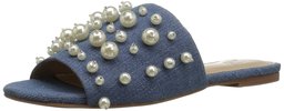 Amazon Brand - The Fix Women's Faris Flat Slide Sandal with Pearls, denim textile, 9 B US