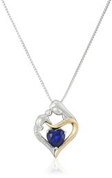 Sterling Silver and 14k Yellow Gold Heart Mother's Jewel Created Blue Sapphire and Diamond Accent Pendant Necklace, 18"