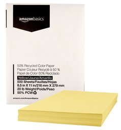 AmazonBasics 50% Recycled Color Paper - Yellow, 8.5 x 11 Inches, 20 lbs, 1 Ream (500 Sheets)
