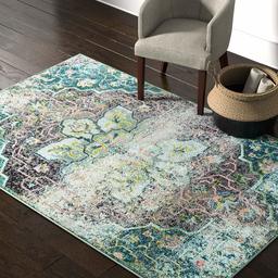 Amazon Brand – Rivet Distressed Floral Medallion Rug, 5'3" x 7'7", Aqua