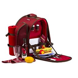 Eono Red 2 Person Picnic Backpack Hamper Basket with Cooler Bag with Harness and Fleece Blanket