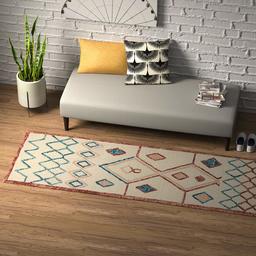 Amazon Brand – Rivet Handtufted Diamond-Patterned Cotton and Wool Rug Runner, 2'6" x 8', Cream with Orange and Blue