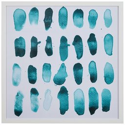 Drops of Blue and Teal Print on White Background, White Frame, 20" x 20"