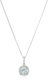 10k White Gold Round Aquamarine and Diamond Pendant Necklace, 18"