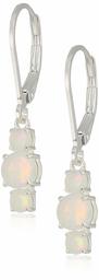 Sterling Silver Created Opal 5mm and 3mm Three Stone October Birthstone Leverback Dangle Earrings