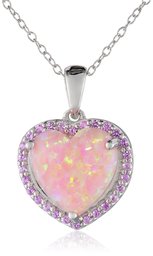 Simulated Opal and Created Pink Sapphire Heart Pendant Necklace, 18"