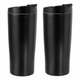 AmazonBasics Stainless Steel Tumbler with Flip Lid, Vacuum Insulated – 567 grams, 2-Pack, Black