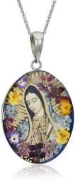 Sterling Silver Virgin Mary of Guadalupe Pressed Flower Pendant Necklace, 18"