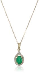 10k Yellow Gold Genuine Emerald Oval Shape with White Diamond Accent Pendant Necklace (1/10cttw, I-J Color, I2-I3 Clarity), 18"