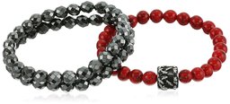 Men's Set of 3 Black and Simulated Coral Beaded Bracelets with Anchor Medallion Bracelet, 8"x 0.3"