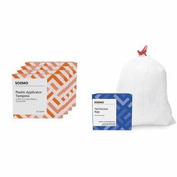Amazon Brand - Solimo Plastic Applicator Tampons, Super Plus Absorbency, Unscented, 144 Count (4 Packs of 36) & Solimo Tall Kitchen Drawstring Trash Bags, 13 Gallon, 120 Count