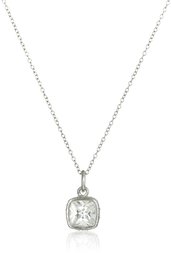 Rhodium Plated Sterling Silver Cushion Shape Cubic Zirconia 7mm Pendant Necklace (2 cttw), 18"