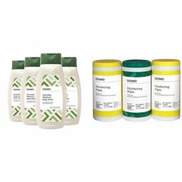 Amazon Brand - Solimo Everyday Moisture Body Wash with Colloidal Oatmeal, 18 Fluid Ounce (Pack of 4) & Solimo Disinfecting Wipes, Lemon Scent & Fresh Scent, 75 Wipes Each (Pack of 3)