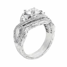 [Amazon Collection] Amazon Collection Rhodium Plated Sterling Silver Clear Cubic Zirconia 3 Stone Bridal Ring Set, Size 14