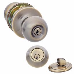 AmazonBasics Entry Door Knob and Deadbolt - Standard Ball - Antique Brass