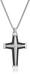 men's stainless steel cubic zirconia cross with carbon fiber and box chain pendant necklace, 24"
