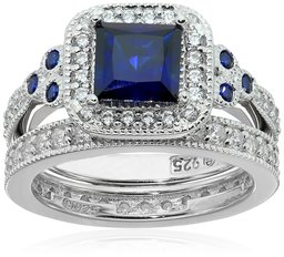 Platinum-Plated Sterling Silver Princess-Cut Created Sapphire Vintage Ring Set made with Swarovski Zirconia, Size 5