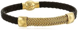 Men's Brown Genuine Leather Braided with Stainless Steel Wire Accent Bracelet, 8.5"x 0.3"