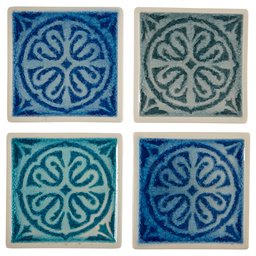 Amazon Brand – Stone & Beam Medallion Square Stoneware 4-Coaster Set, 4" x 4", Blue Multicolor