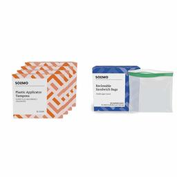 Amazon Brand - Solimo Plastic Applicator Tampons, Super Plus Absorbency, Unscented, 144 Count (4 Packs of 36) & Solimo Sandwich Storage Bags, 300 Count