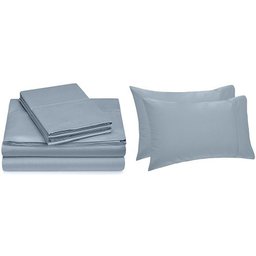 Pinzon Hemstitch 400TC Egyptian Cotton Sateen Sheet Set, King, with Set of 2 King Pillowcases, Dusty Blue