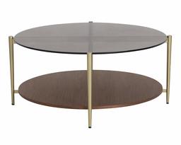 Amazon Brand – Rivet Tinted-Glass and Metal Round Coffee Table with Storage Shelf, 36.9"W, Brown, Gold and Walnut Finish