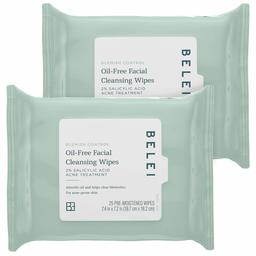 Belei Blemish Control Oil-Free Facial Cleansing Wipes, 2% Salicylic Acid Acne Treatment, Dermatologist Tested, 25 Count (Pack of 2)