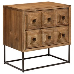 Amazon Brand – Rivet Mid-Century Modern Industrial Geometric Carved Wood Bedroom Nightstand, 24", Brown, Black Metal